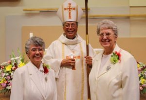 Sister Carmen, Bishop Alex Aclan, Sister Sharon after the Mass of Thanksgiving in August at Our Lady of Lourdes parish